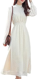 [Yino] ロング ワンピース 総レース レディース ドレス フリル 立ち襟 ハイウエスト ゴムウエスト 可愛い きれい 長袖 着痩せ 体型カバー オフィス 通勤 カジュアル パーティー 結婚式