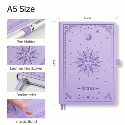 Image of EMSHOI Lined Journal Notebook, 192 Numbered Pages, A5 Size (5.7'' x 8.3'') | Leather Hardcover, 100 GSM Thick Paper, for Women & Men, Journaling, Writing, Work & Office, Sun Debossed (Light Purple)