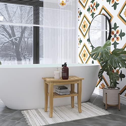 SMIBUY Bamboo Shower Bench, 2-Tier Wood Spa Bath Organizer Stool, Corner Bathroom Chair & Seat with Storage Shelf for Indoor Outdoor(Natural) - Image 3