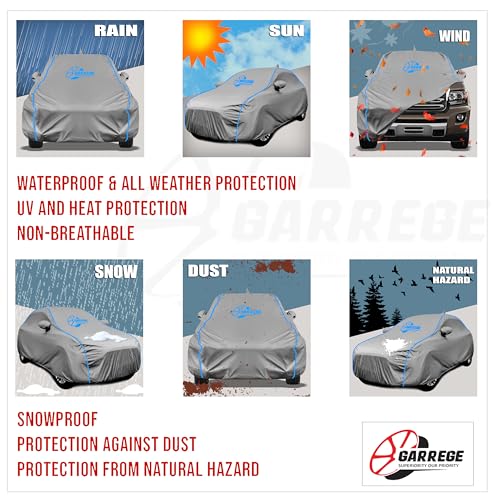 Image of Waterproof Car Body Cover Compatible with Maruti Brezza Zdi Plus Amt Dual Tone Mirror and Antenna Pocket, Triple Stitched (Heat Resistant US Grey with Red Piping)