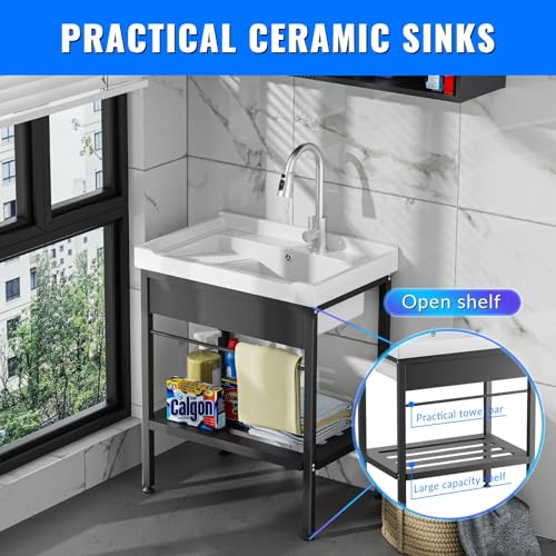 Image of Laundry Room Sink,28 inch x 19 inch x 34.3 inch Ceramic Utility Sink with Washboard Set,Freestanding Sink with Cold and Hot Water Faucet, Hoses and Drain Kit for Laundry Room, Basement, Outdoor and Indoor