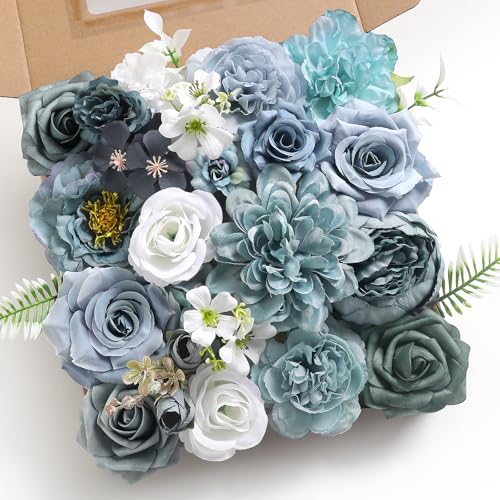 RUIDKUN Artificial Flowers Combo Box Set Dusty Blue Silk Floral Arrangements for Wedding Bridal Bouquet, Cake Flowers, Table Centerpieces, Party & Home Decor