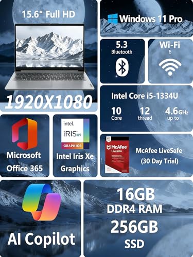Lenovo IdeaPad 1i Laptop, Intel Core i5-1335U(10-core) Processor, Microsoft Office, 15.6'' FHD Display, 16GB RAM 256GB SSD, Copilot AI, Windows 11 Pro, Wi-Fi 6, HDMI, Alpacatec Accessories - Image 3