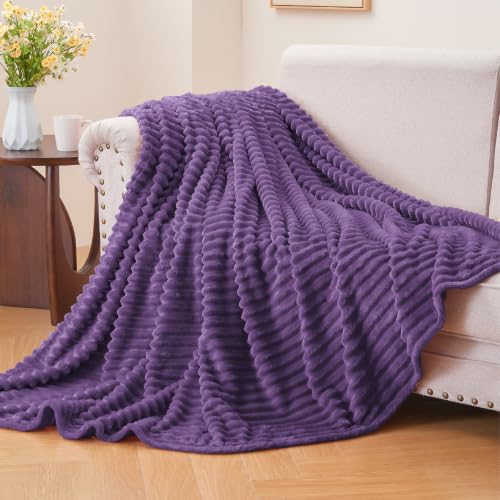 Image of BEDELITE 3D Ribbed Jacquard Purple Fleece Twin Blanket for Couch, 60 inchx80 inch