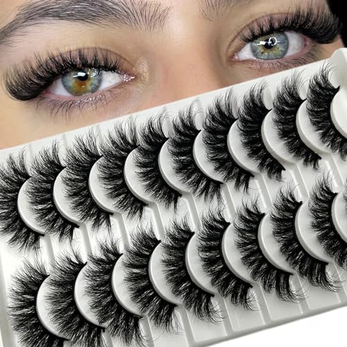 TIKILEY False Lashes Mink Natural Volume 3D Wispy Cat Eye Lashes Fluffy Full Strip Lashes Pack False Eyelashes Natural Look 10 Pairs