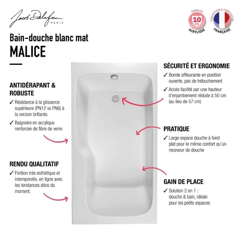 Baignoire bain douche JACOB DELAFON Malice, antidérapant, version Gauche 160x85cm, Blanc mat