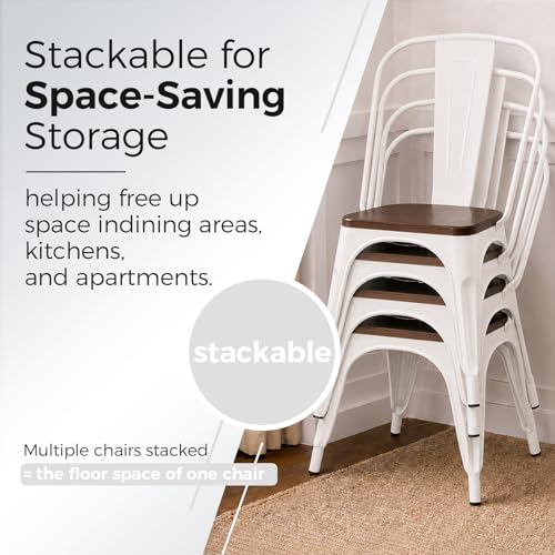 Image of Metal Dining Chairs with Backrest, Wood Seat, White, 8 Pack | Easy Assembly, Non-Slip Feet, 330 lb Capacity, Kitchen, Restaurant, Cafe, Pub, Covered Patio