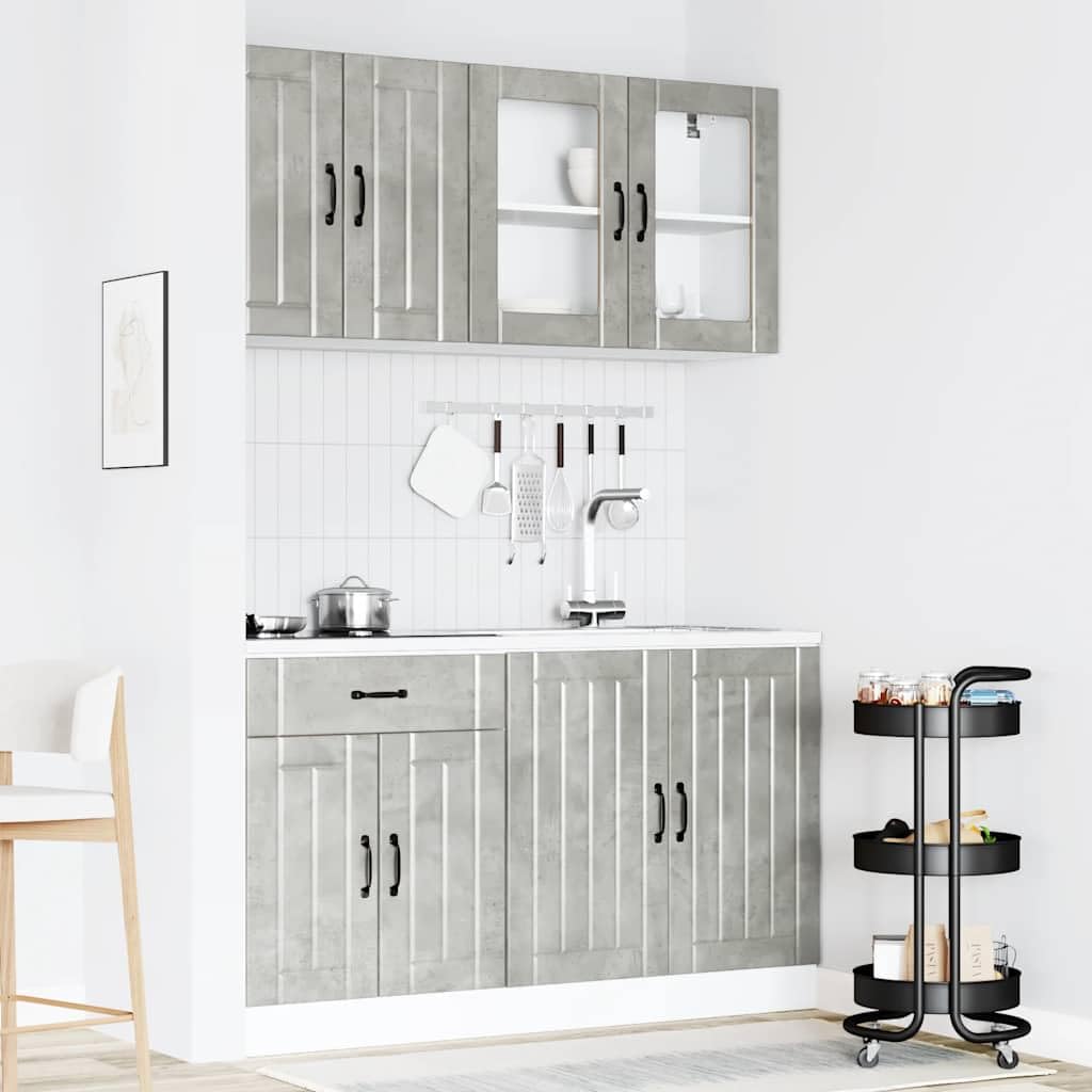 4-TLG. Küchenzeile Lucca Betongrau - Modernes Küchenschrank-Set aus Holzwerkstoff mit Glasvitrine, Spülenunterschrank und Hängeschränken für optimale Stauraumnutzung in der Küche