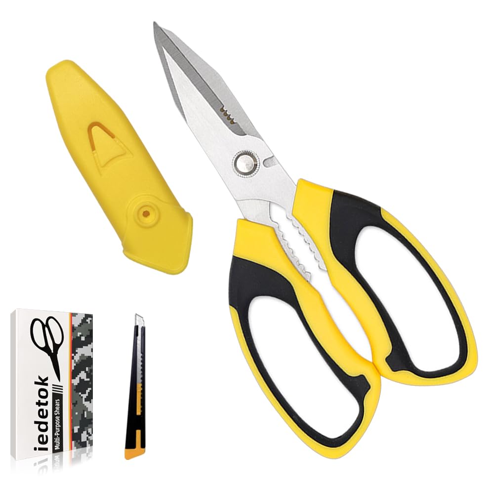 Utility Scissors Heavy Duty, Ultra Sharp Blade Shears with Protective Case, Multipurpose Stainless Steel Scissors For Cutting Cardboard, Fabric, Carpet, Leather, Wire (Yellow Set)