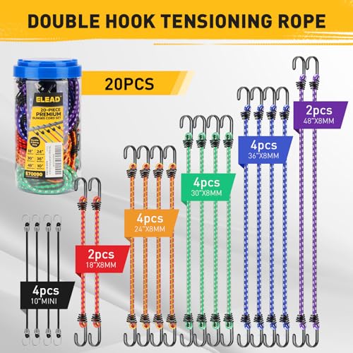 Bungee Cords Heavy Duty Outdoor: 20 Pcs Premium Rubber Bungee Cords with Hooks in a Storage Jar Includes 10