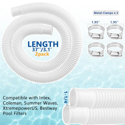 Image of 1.25 inch x 3ft Pool Hose for Above Ground Pools, 1-1 /4 inch Flexible Pool Skimmer Hose Replacement Compatible with Intex, Coleman, Summer Waves, XtremepowerUS, Bestway, Sand Filter Pumps (White, 2 Pack)