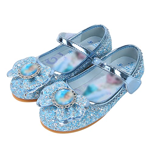 Eleasica Fille Talons Plats Chaussures de Princesse Reine des Neiges Elsa Anna Paillettes Déguisement Violet Argenté Bleu Rose Doux Halloween Noël Anniversaire Carnaval Cosplay ,30 EU,Bleu