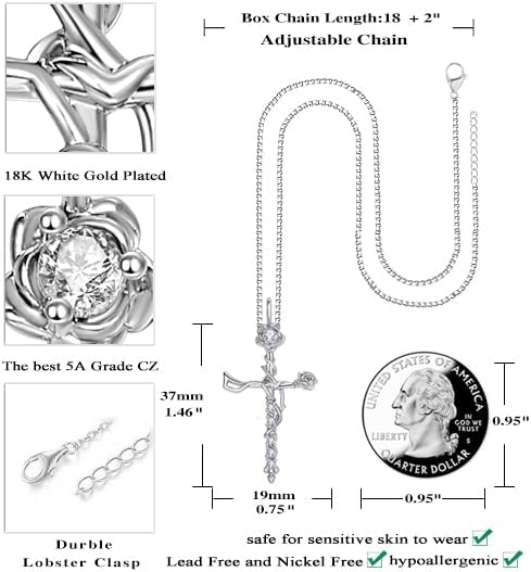 Gold Cross Necklace for Women,Rose Necklace Anniversary Birthday Gifts for Wife Her Mom,14K Gold/18K White Gold Womens Christian Jewelry with Diamond Birthstone Pendant Necklaces - Image 4