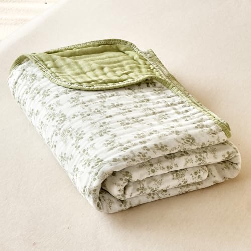 Image of Muslin Throw Blanket 100% Cotton Floral Pattern 6-Layer Gauze Cooling Blanket Lightweight Soft Breathable Quilt for All Season Both Sides for Sofa Couch (Floral Green-a, Throw 50 inchx60 inch)