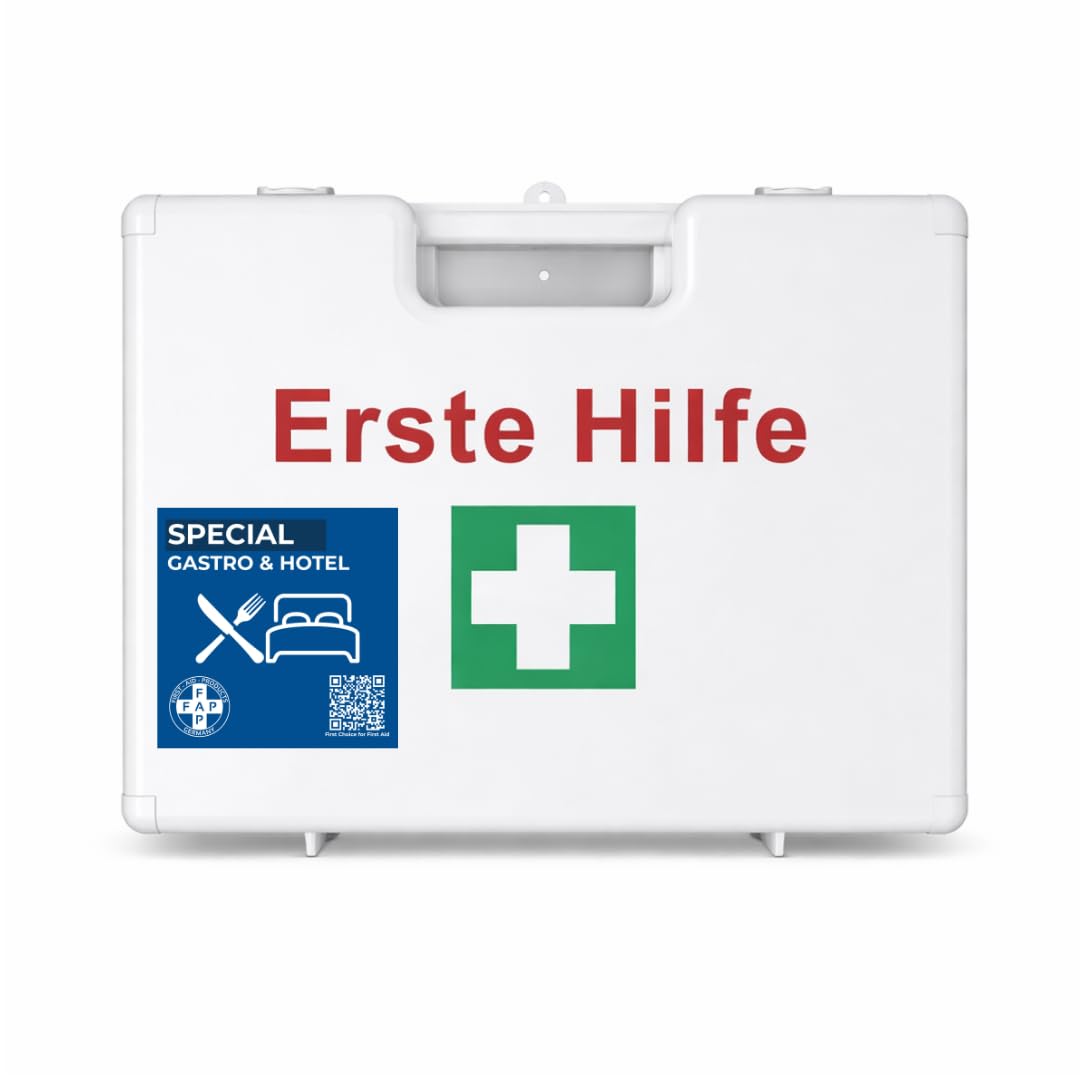 First Aid Products Erste-Hilfe-Koffer Gastronomie Hotel DIN 13157 gefüllt - Weiß | Detect-Pflaster HACCP & Burngel | Gastro Küche Restaurant, Betriebsverbandkasten Wandhalterung - 33×42×15 cm