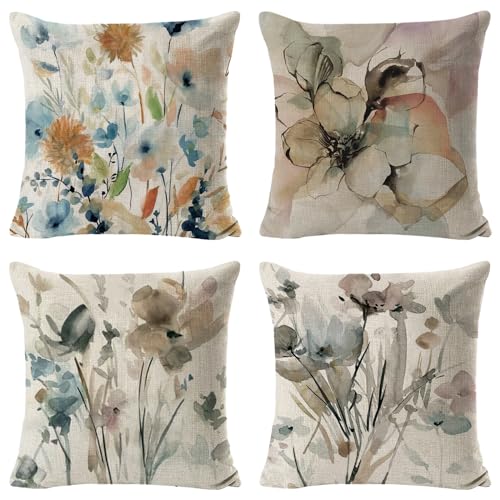 Juego de 4 Fundas de Cojín de 45 x 45 cm,Cojines Impermeables Exterior,Poliéster Lino Fundas de Almohada,Pintura de Tinta China Decorativapara Sofá, Oficina, Coche,Decoración del Hogar
