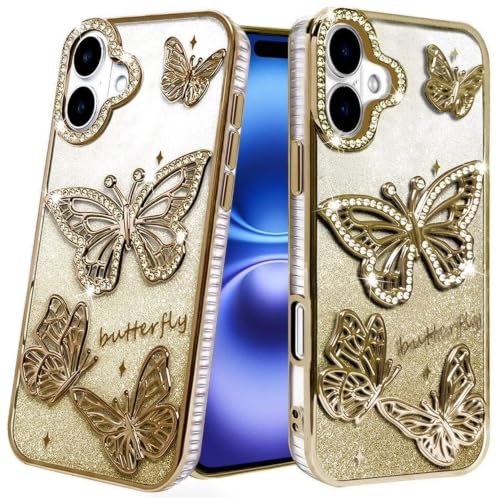 Image of VONZEE Electroplated Butterfly Case Compatible with iPhone 17, Pearlescent Diamond Sparkle Soft TPU Cover, Shockproof Drop Protection, Camera Lens Guard Stylish Phone Case for Women & Girls, Gold