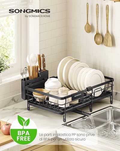 Songmics Scolapiatti, Per Spazi Ridotti, Portapiatti Da Cucina Estensibile, Capiente, Beccuccio Estensibile E Girevole A 360°, Acciaio, (30,2-46,5) X 29,6 X 14 Cm, Nero Inchiostro KCS556BH01 - 3