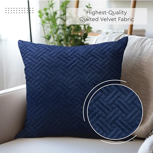 Image of Encasa XO Quilted Velvet Cushion Covers, Pillow Covers, No Inserts Blue | 18 inchx18 inch | Double Sided Texture | Hidden Zipper | Machine Washable | Set of 2