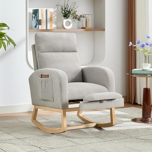 SLEKVERSA Rocking Chair Nursery Chairs with Foot Rest, Recliner Armchair with High Backrest& Wood Legs and Side Pocket for Living Room,Bedroom,Light Gray