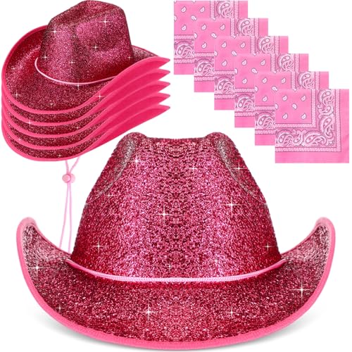 Image of Coume 12 Pcs Sparkly Adults Cowboy Hat and Bandanas Women Men Western Glitter Cowgirl Party Hats with Adjustable Drawstring