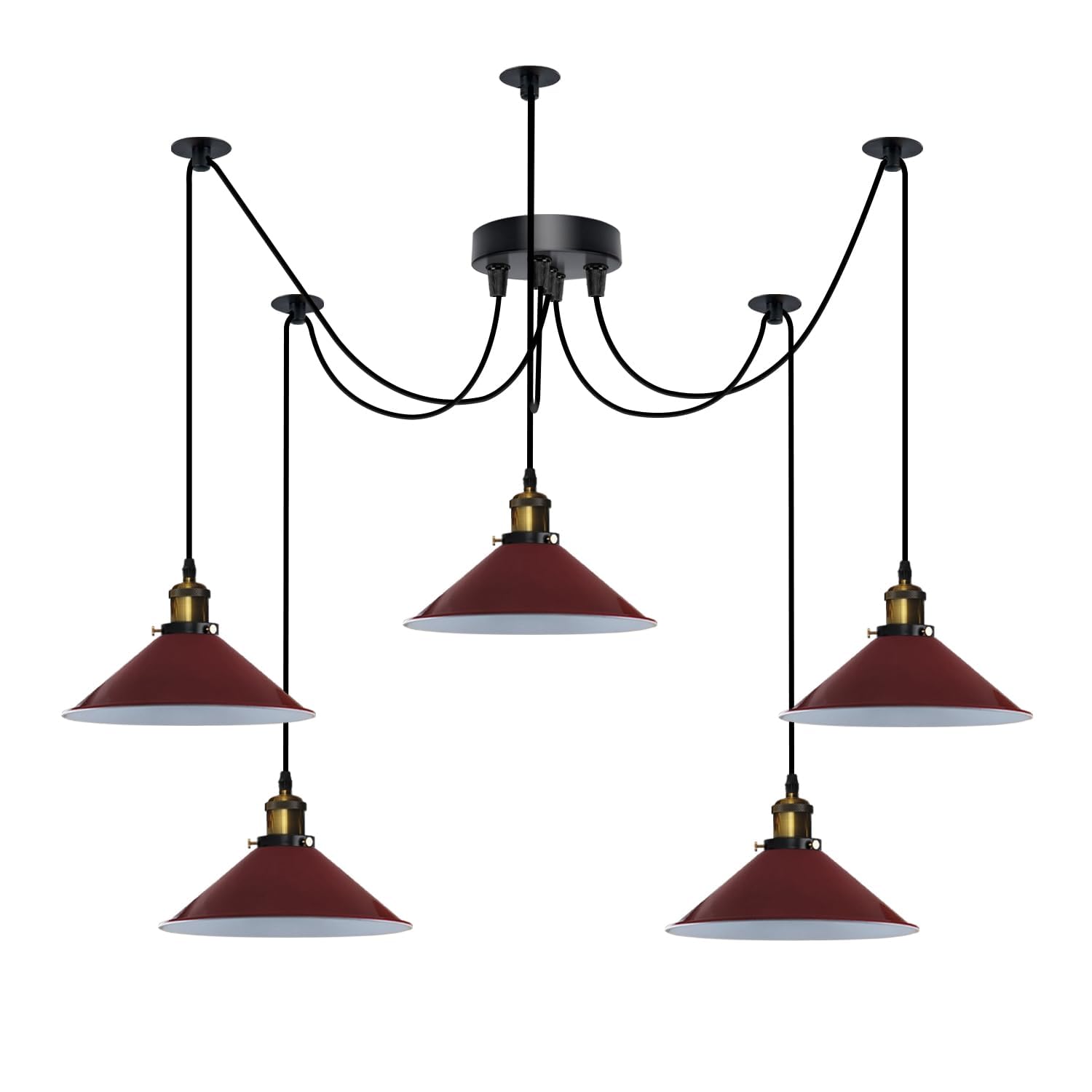 LEDSone Industrial 5-Head Spider Pendant Light Adjustable Hanging Ceiling Lamp with E27 Cone Metal Shades 110-240V Height Adjustable Fixture for Kitchen, Bar, Loft