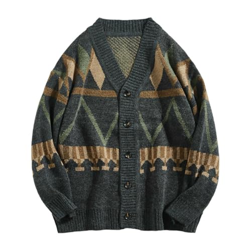 Cárdigan de punto para hombre estilo japonés vintage con cuello en v colorblock holgado