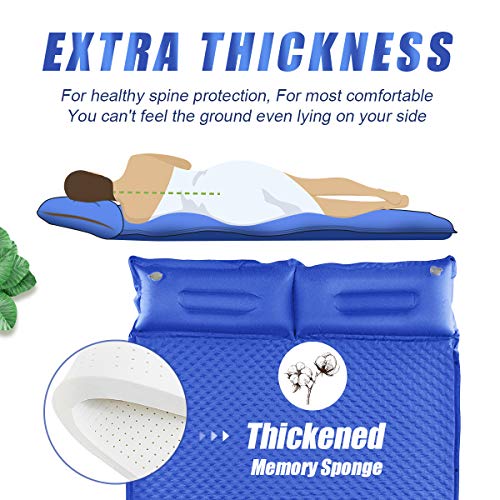 YOUKADA Sleeping-Pad Foam Self-Inflating Camping-Mat for Backpacking Sleeping Pad Double Sleeping Mat Camping Pad 2 Person Camping Mattress with Pillow for Hiking Camping Gear(Blue, Large)