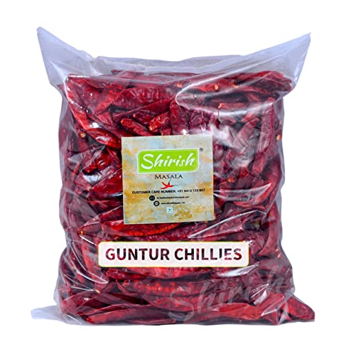 Shirish Masala Guntur Chilli 1 Kg [Stemless ] [Premium Sortex Clean Guntur Sannam Chillies] [Hot Dried Red Chilli ] [Red chilli whole ] [Dry Red Chilli ]