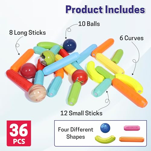 Image of Chanak 36 PCS Magnetic Sticks Building Blocks for Kids & Toddlers - Magnet Stick with Balls, Educational STEM Learning Safe Magnet Stick Construction - Montessori Magnetic Toy for Boys & Girls Age 3+