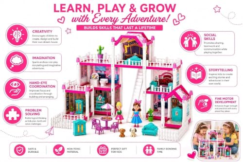 Image of Luxury Villa DIY Doll House Building Set 240 PCS with 7 Rooms, Furniture & Accessories for Girls 7+