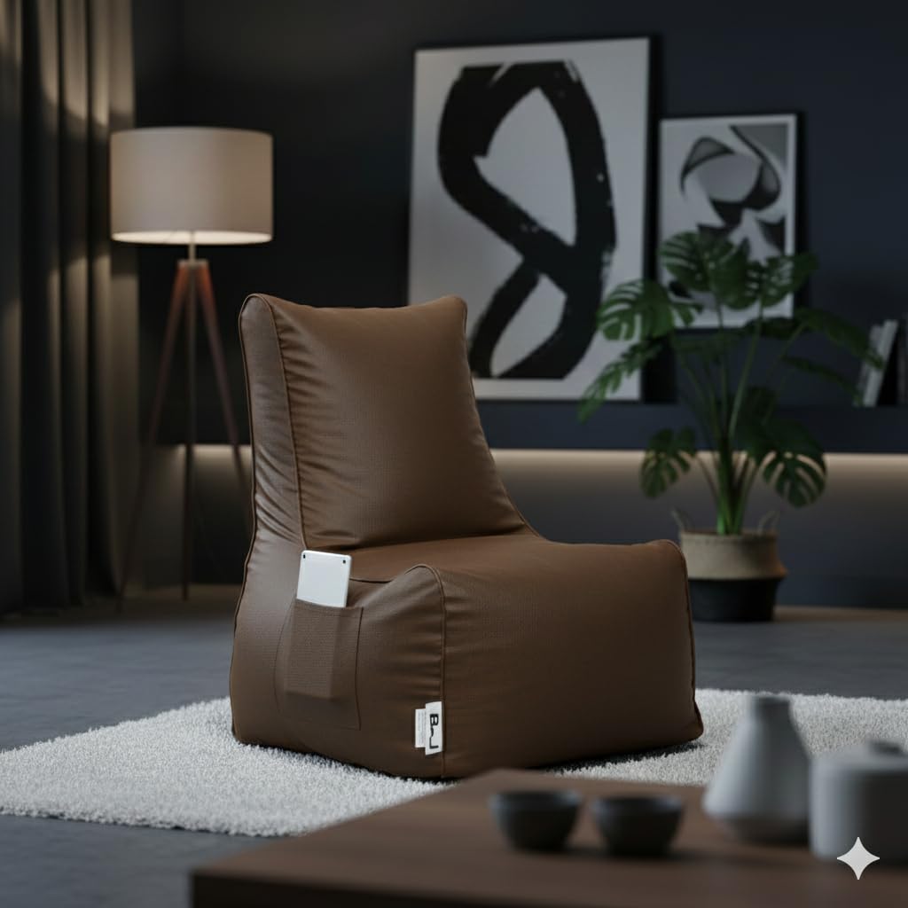 BJ ALUMINIUM Bean Bag Chair for Adults & Kids | High Back Support, Leatherette Bean Bag with Mobile Pocket |Seating for Living Room, (Cover Only Without Bea (TAN, 5XL, Bean Bag) 4