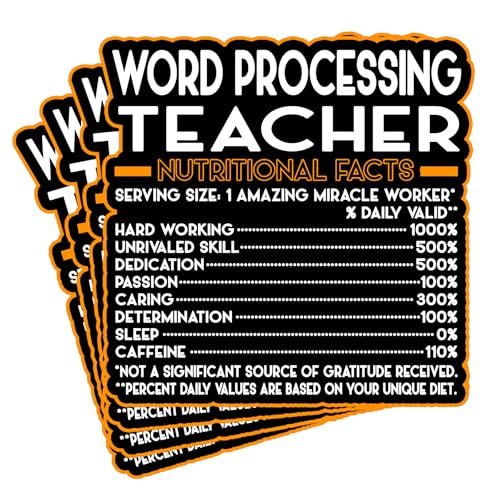 (4Pcs) Word Processing Teacher Vinyl Decal Sticker – Nutritional Facts Quote for Laptops, Water Bottles, Cars – Gift for Coworker, Office, Birthday, Christmas – Waterproof Vinyl Sticker