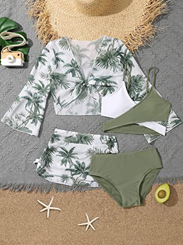 Wdirara Girl's 4 Piece Color Block Swimsuit And Coverup Set Tree Print Boho Swimwear Green & White 10Y #TOP4