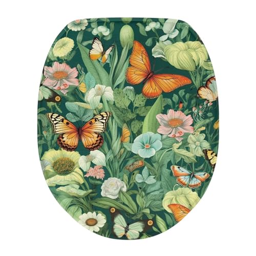 Viewamoon Bathroom Toilet Seat Cover Green Toilet Lid Flowercover Washable Oval Round Elongated Toilet Lid Covers for Women Men Portable Vintage Decor