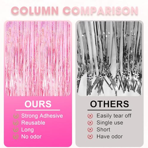 Image of Voircoloria 2 Pack 3.3x8.2 Feet Laser Pink Foil Fringe Backdrop Curtains, Tinsel Streamers Birthday Party Decorations, Fringe Backdrop for Graduation, Baby Shower, Gender Reveal, Disco Party