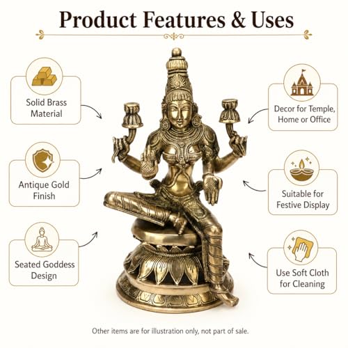 Image of Kartique Brass Lakshmi Idol on Lotus, 12 Inch for Home Temple | Handmade