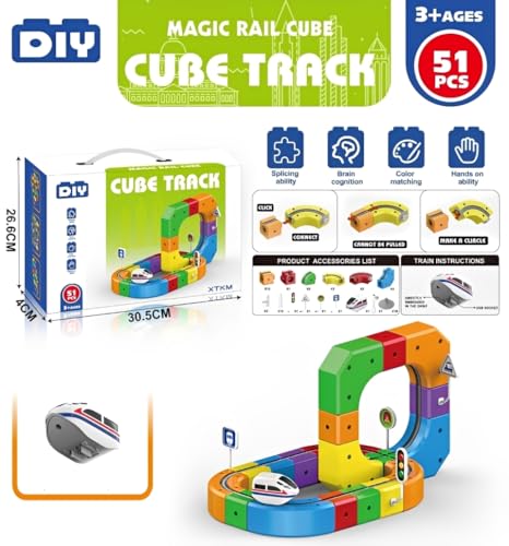 Image of ADKD DIY Cube Track Magic Rail Train Set, 51 Pcs,Educational Building Track Toy for Kids Multicolour, for Ages 3+, Loop,Multi-Layer Tracks (51 Pcs Block Set)
