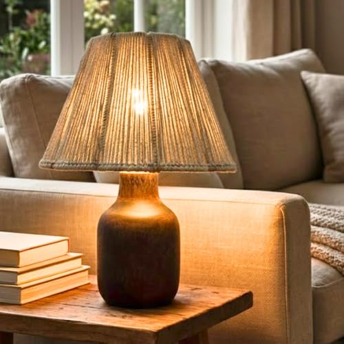 Image of The Decor Mart Jute Shade Table Lamp with Wooden Base|Sleek Decor Decorative Beside Light for Desk,Bedroom, Living Room, Home Office and Hotel(20x20x30 cm) (Brown)