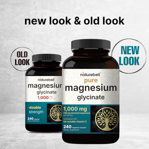 NatureBell Pure Magnesium Glycinate 1,000 mg, 240 Vegetarian Capsules | 1,000 mg Magnesium Glycinate Per Serving - Chelated Magnesium Form with Vitamin C – Non-GMO, Filler Free, cGMP Manufactured