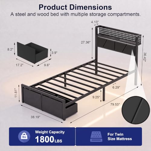 Twin Bed Frames with 2 Drawers, Platform Bed with LED Lights & Charging Station, Upholstered Headboard with Storage Shelve, Noise Free, Metal Slats Support, No Box Spring Needed - Image 2