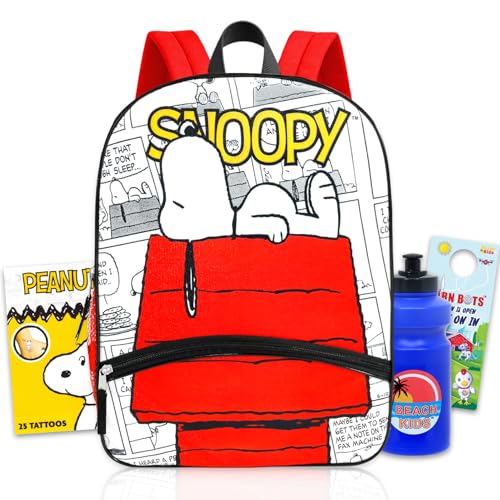 Mochila infantil Snoopy – Pacote com mochila Peanuts de 40,6 cm, além de tatuagens, garrafa de água, mais | Conjunto de mochila escolar Snoopy para crianças, meninos e meninas