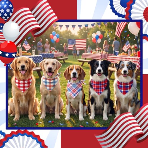 Image of Abbylike 50 Pcs Veterans Day Dog Bandanas Bulk, Red White and Blue Plaid