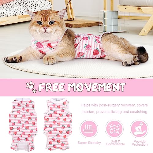 Image of Cat Surgery Recovery Suit - Post Spay /Neuter Bodysuit, Anti-Licking Wounds Alternative to Cat Cone, Pink Strawberry /M