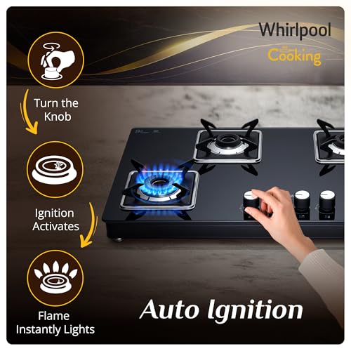 Image of Whirlpool 90cm 4 Burner Auto Ignition Gas Stove | SABAF Brass Burners & Valves | 8mm Thick Toughened Black Glass | 10-Year Burner & Valve and 5-Year Glass Warranty | GRANDIOSA ULTRA LOTUS 904 CT AI BR