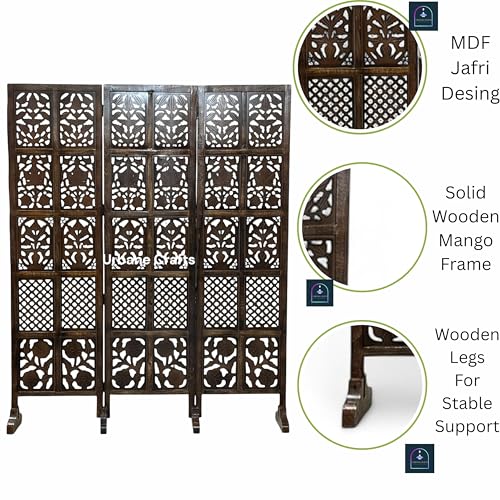 Image of Wooden Room Partition /Screen /Room Divider /Room Separator Burnt Wood Finish (Hand Buffing) Frame Traditional Handicrafts 6Ft Height (3 Panel with Stands)