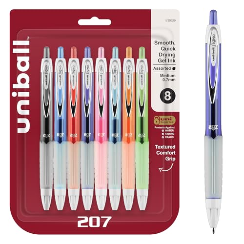 uniball 207 Fashion Retractable Gel Pens, Medium Point (0.7mm), Assorted, 8 Pack
