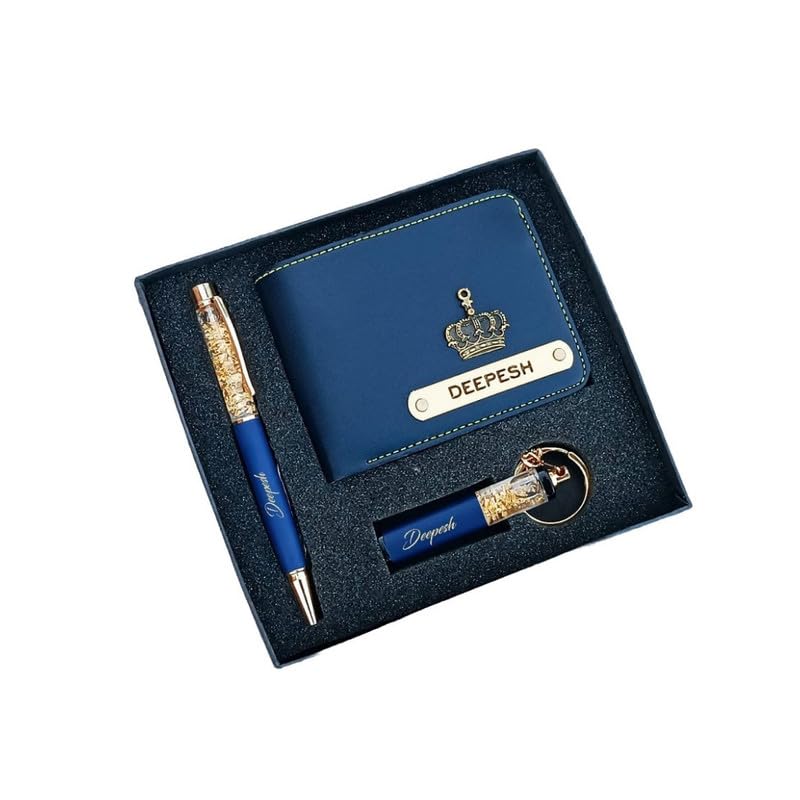 Just In TrendzPersonalized Wallet with Charms Customized Faux Leather (Blue) Wallet, Pen and Keychain Set for Men (3 in 1 Combo) Name Engraved Pocket Purse