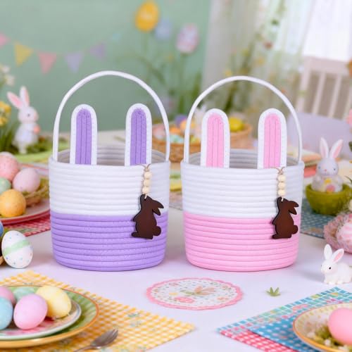 Image of Easter Basket Empty 2 PCS Bunny Woven Rope Easter Baskets for Kids Easter Hunt Baskets with Handle Bags Easter Gifts for Kids Toddlers Girls Boys Teens Set of 2 Pink and Purple