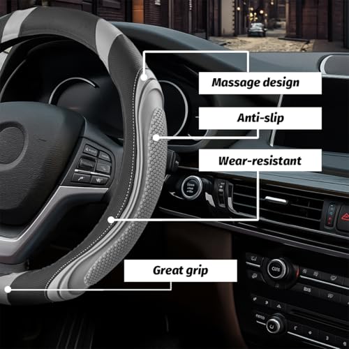 Image of Osilly 15 Inch Car Leather Steering Wheel Cover, Automotive Accessories Elastic Breathable Anti-Slip Soft Wheel Protector Fits Men and Women, Suitable for SUVs, Trucks, Vehicles and RVs (Light Gray)